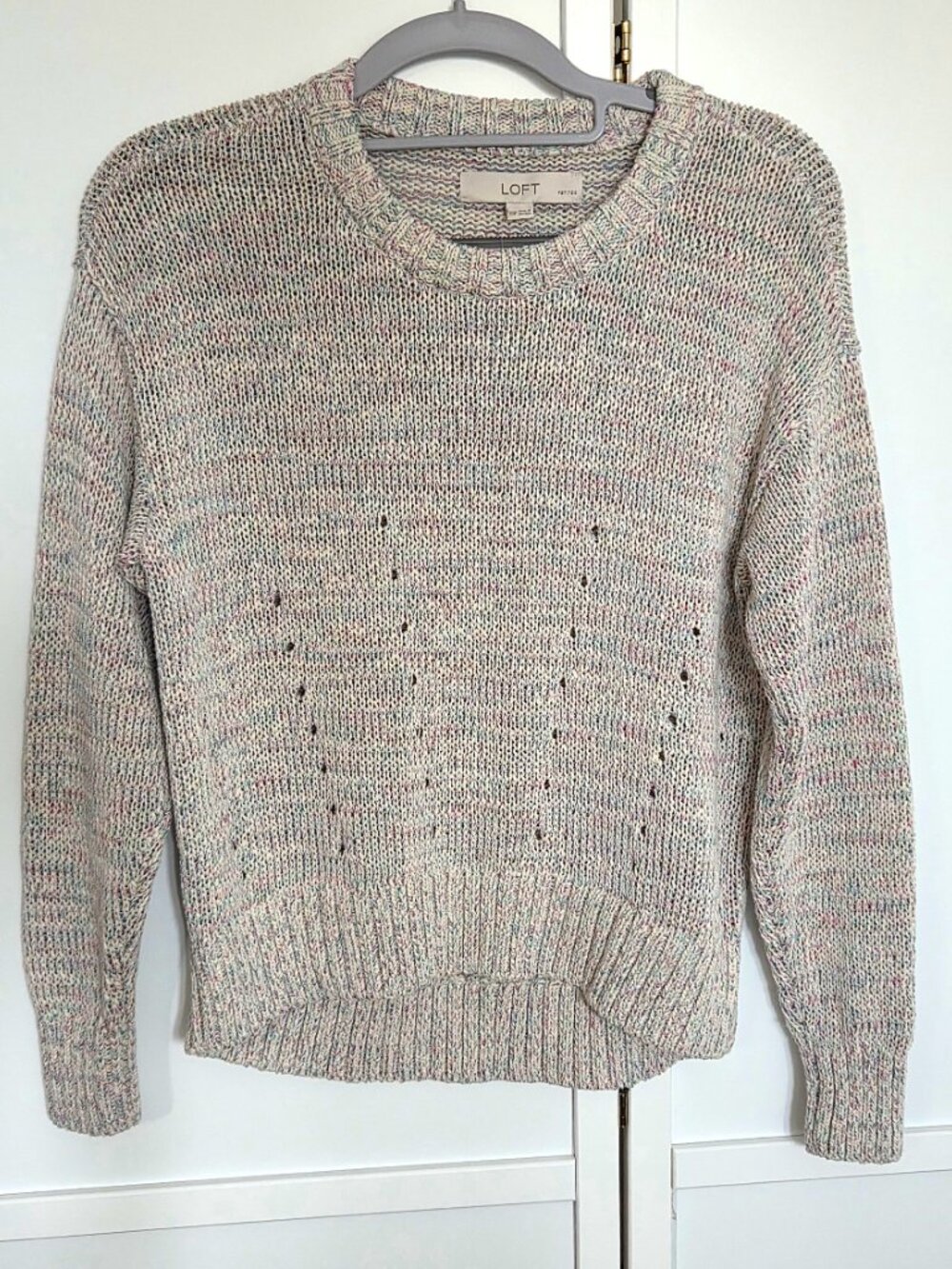 Sweater; LOFT NWT; LS; marled lavender green white; eyelet detail; high-low hem